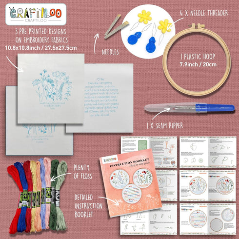CRAFTILOO Learn The Stitches Flower Health Affirmations Embroidery kit for Beginners with Stamped Embroidery Patterns Starter Kit. Needlepoint Cro...