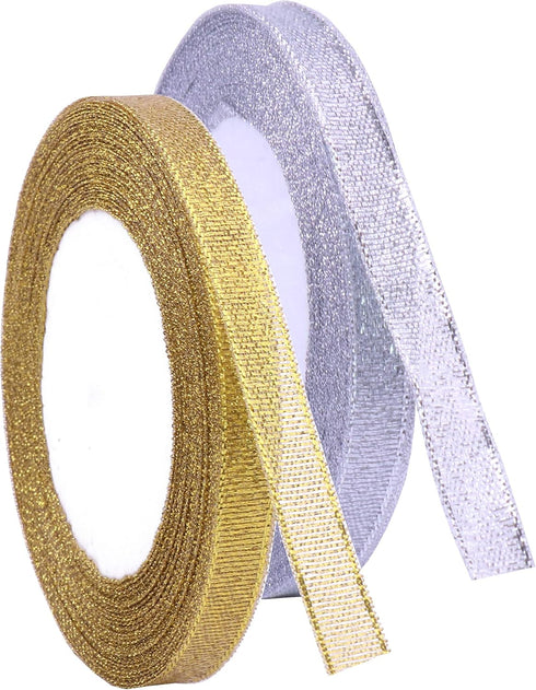 YAKA 3/8 inch 50 Yards Ribbon Shimmer Sheer Organza Ribbon for Craft Bow Party Decoration Packing Ribbons 2 Rolls (Gold and Silver, 3/8 inch(10mm)...