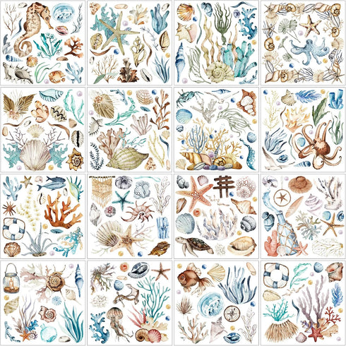 Dispowreath 16 Sheets Ocean Boho Rub on Transfers Stickers Mixed Sea Life Rub on Transfers for Crafts Fish Starfish Decor Furniture Decals for DIY...