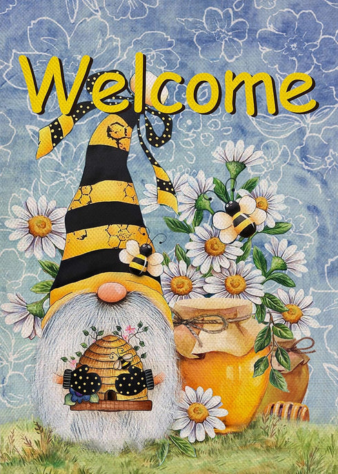 Welcome Spring Honey Bumble Bee Gnome Garden Flag, Summer Yard Outdoor Home Decorative Burlap Lawn Outside Decoration, Daisy Flowers Small Decor D...