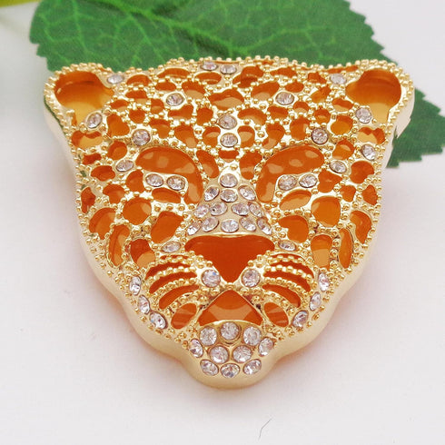 Navachi 18k Gold Plated Clear Crystal Black Enamel Leopard Head Brooch Pin...