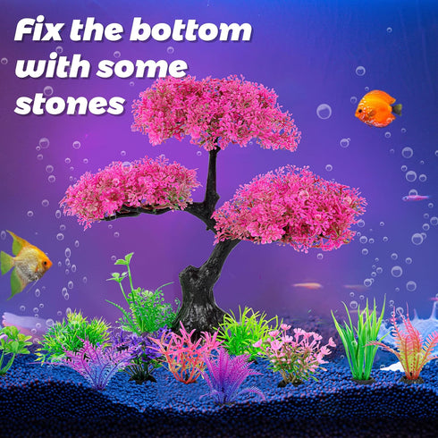 Ameliade Aquarium Artificial Plastic Plants Decoration, Pink Cherry Blossom Tree & Grass Aquarium Decor Set, Goldfish Betta Fish Tank Decorations ...