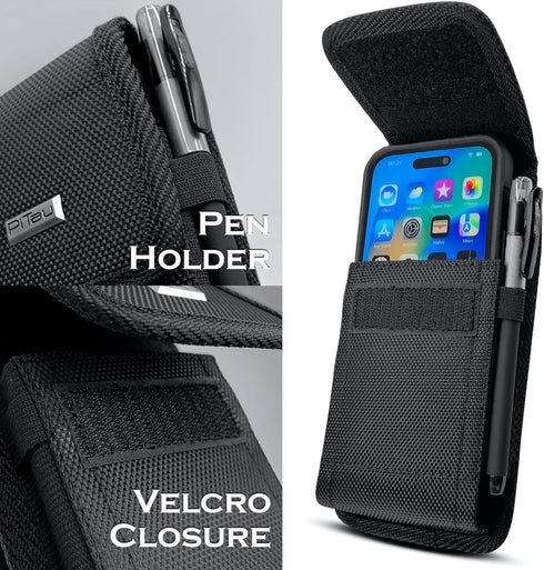 PiTau Holster for iPhone 15, 15 Pro, 14, 14 Pro, 13, 13 Pro, 12, 12 Pro, 11, XR, Black Nylon Cell Phone Belt Holder Case with Clip Carrying Pouch ...