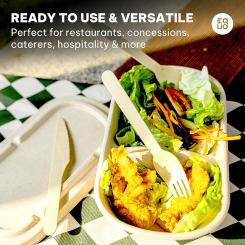 EQUO Wooden Disposable Utensil Set (Pack of 30 Forks, Spoons, Knives - 10 each) - Plastic-free, Home-compostable, Heat-safe utensils for Parties, ...