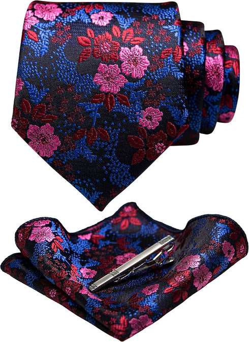 JEMYGINS Floral Necktie and Pocket Square Tie Clip Sets for Men...