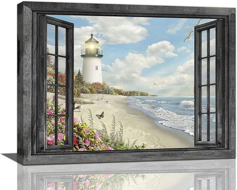 Lighthouse Nautical Wall Art Coastal Beach Pictures Canvas Prints Ocean Decorations Painting Framed Window Seascape Artwork Gifts Office Home Deco...