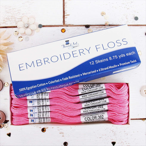 12 Skeins ThreadArt Premium Egyptian Long Fiber Cotton Embroidery Floss | Pink | 6 Strand Divisible Thread 8.75yds Each For Hand Embroidery, Frien...