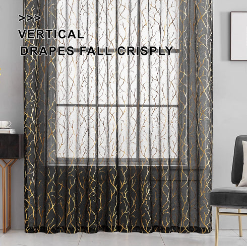 FINECITY Black Gold Sheer Curtains for Bedroom - Metallic Gold Foil Tree Branch Black Sheer Curtains 63 Inch Length Black and Gold Window Curtain ...