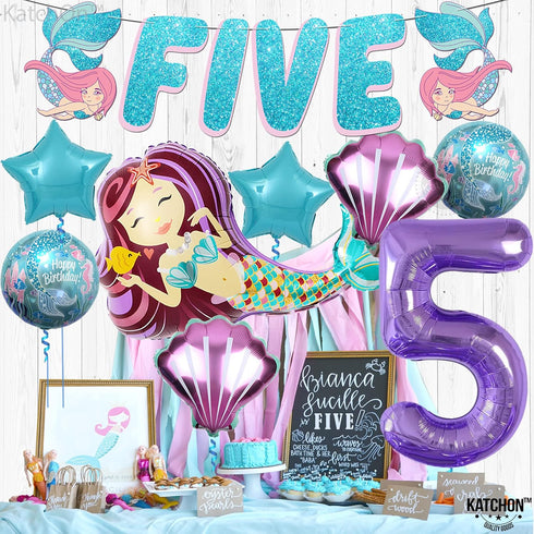 KatchOn Shiny Mermaid 5th Birthday Decorations - Pack of 9 | Mermaid Balloons, Banners, Party Decorations...
