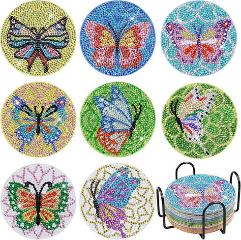 Fennoral 8 PCS Diamond Art Coasters with Holder,Diamonds Painting Coasters DIY Butterfly Coaster Diamonds Painting Kits for Adults Diamond Art Kit...