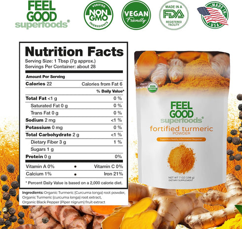 FeelGood Organic Superfoods Fortified Turmeric Powder with Curcumin and Black Pepper, 95% Curcuminoids, Immune Support, Vegan, Gluten Free, Non-GM...
