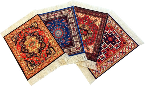 Set of 4 Rug Table Coasters – Oriental Design Fabric Carpet Drink Mats Absorbent Kitchen and Dining Accessories, Spill & Drip Protection, Rectangu...