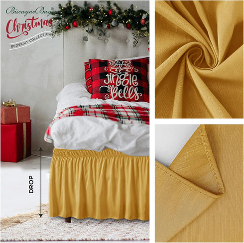 Biscaynebay Wrap Around Bed Skirts for Queen Beds with Short Drop of 12", Gold Adjustable Elastic Dust Ruffles Easy Fit Wrinkle Resistant Silky Lu...