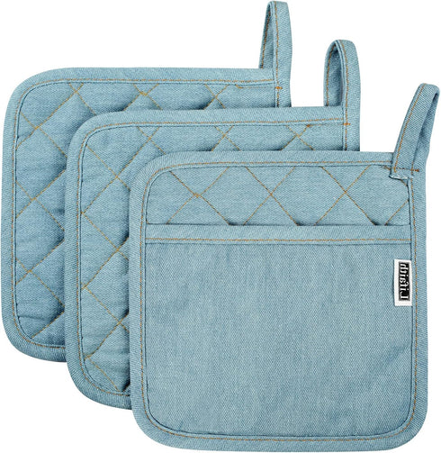 Denim Potholders Kitchen Everyday Basic 8 Inch 100% Cotton Pot Holder Heat Resistant Large Coaster Hot Pads Kit Trivets Set for Cooking and Baking...