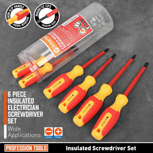 Amartisan 1000V Insulated Electrician Screwdriver Set 6-Piece, 3 Phillips and 3 Slotted Tips Professional Cushion Grip Screwdriver Set...
