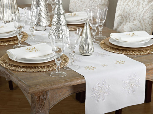 Saro Lifestyle Embroidered Snowflake Design Table Runner, Ivory, 16"x72"...