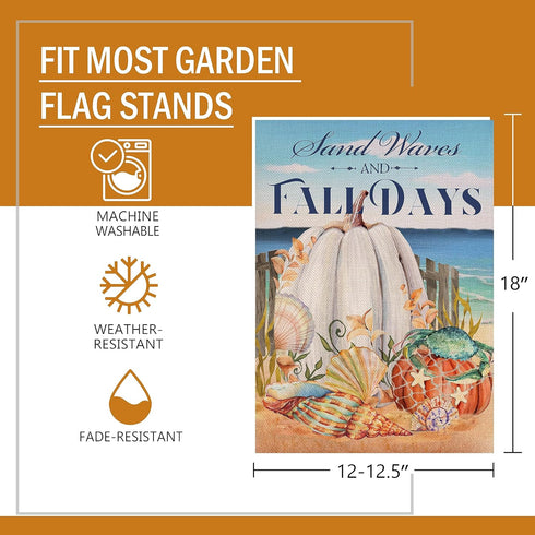 Sand Waves Fall Days White Pumpkin Beach Decorative Small Garden Flag, Ocean Autumn Coastal Sea Yard Outside Decoration, Thanksgiving Crab Shell C...