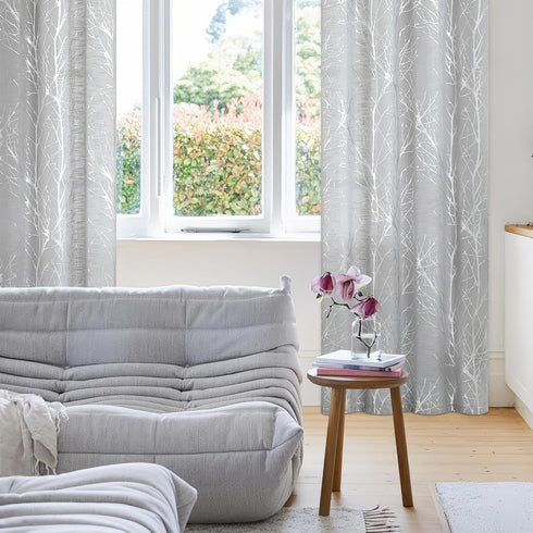 FMFUNCTEX Linen Semi Sheer Curtains for Bedroom and Living Room - Silver Foil 63 Inches Long, Metallic Print Grey Tree Panel for Windows, Light Fi...