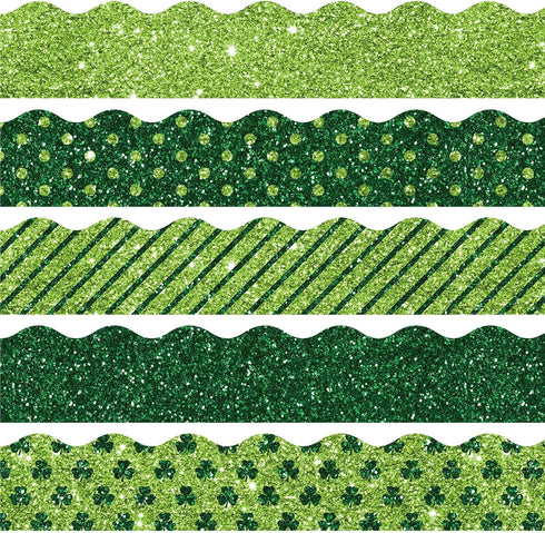Whaline 69Ft St. Patrick's Day Glitter Bulletin Board Borders 5 Designs Shine Green Shamrock Stripe Dot Decoration Trim Bulletin Board Stickers fo...