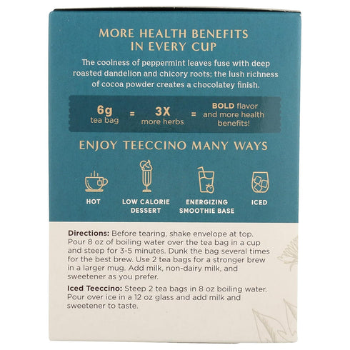 Teeccino Dandelion Mocha Mint Tea - Caffeine Free, Roasted Herbal Tea with Prebiotics, 3x More Herbs than Regular Tea Bags, Gluten Free - 10 Tea B...