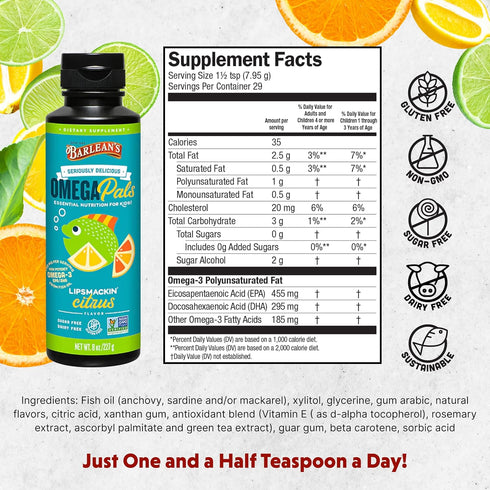 Barlean's Omega Pals Lipsmackin' Citrus Flavored Omega-3 for Kids, Yummy Children's Liquid Fish Oil Supplement with 750 mg of EPA & DHA for Brain ...