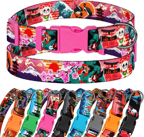 Nature Dog Collar Travel Pattern Adjustable Nylon Pet Collars for Small Medium Large Dogs Puppy Designer Print (Japan, Neck Fit 14"-18")...