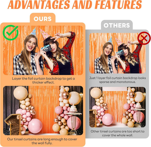 BTSD-home Orange Foil Fringe Curtain, Metallic Photo Booth Backdrop Tinsel Door Curtains for Wedding Birthday Bridal Shower Baby Shower Bacheloret...