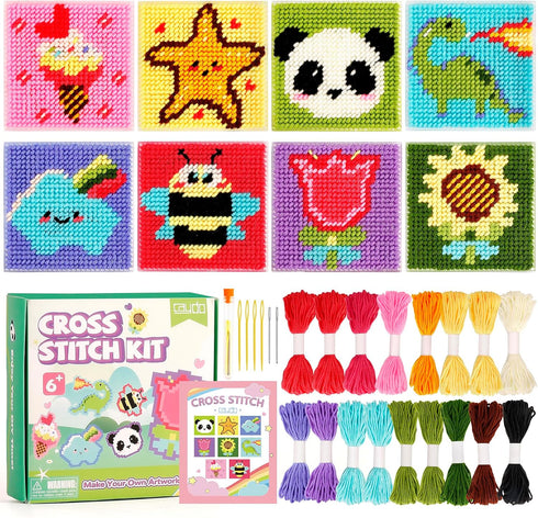 Caydo 8-in-1 Cross Stitch Kit for Beginners Kids, Includes 8 PCS Plastic Canvas with Pre-Patterns, 13 Colors Threads, Instructions, Embroidery Nee...