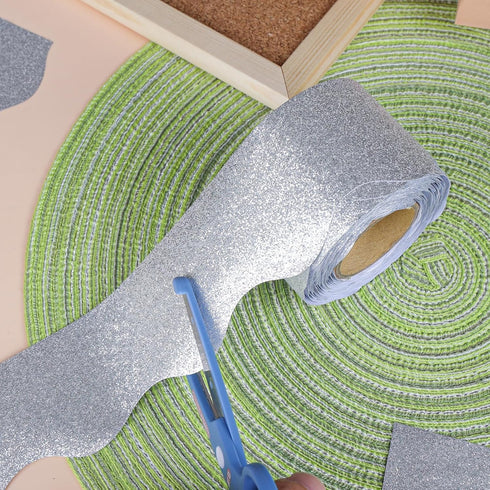 65 Feet Sliver Glitter Bulletin Board Borders Scalloped Borders Bulletin Board Border Shiny Decorative Bulletin Board Trim Classroom Decoration fo...