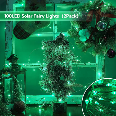 2 Pack 100 LED Solar Green String Lights,33ft Solar Halloween Lights Outdoor,8 Modes Waterproof Green Solar Fairy Lights for Christmas Tree Party ...