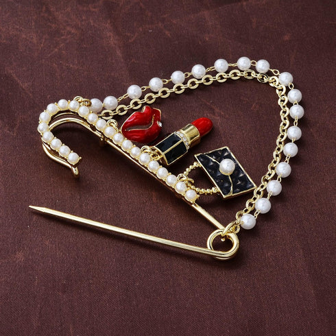 Gold Tone Crystal Pearl Chain Safety Pin Brooch Cardigan Hat Scarf Pin Brooch with Red Lip Charm...