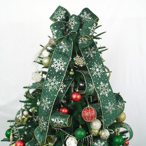 HUIHUANG Snowflake Wired Ribbon 4 inch Green Velvet Ribbon with Gold Glitter Snowflakes for Christmas Trees, Wreaths, Tree Top Bows, Garland, Stai...