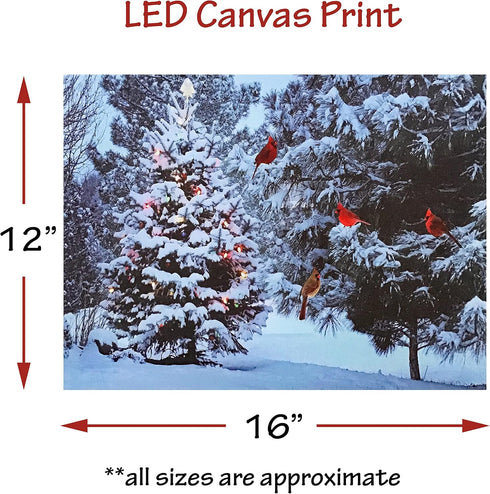 BANBERRY DESIGNS Lighted Christmas Tree & Cardinal Birds LED Canvas Print - Snowy Winter - Forest Pine Trees - Winter Scene Wall Art Measures 15.7...