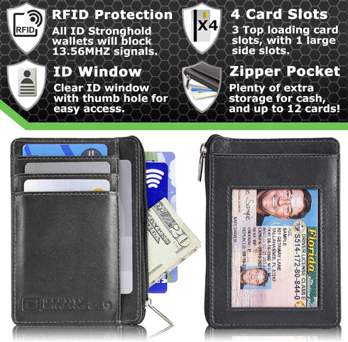 ID STRONGHOLD RFID Front Pocket Wallet Mini Minimalist Wallet Slim Wallet Genuine Leather with Zipper , Black , Small...