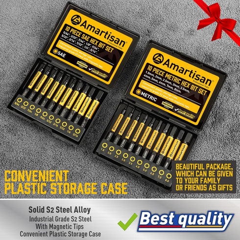 Amartisan 20-Piece Hex Head Allen Wrench Drill Bit Set, Metric and SAE S2 Steel Hex Bits Set, Magnetic Tips, 2.3" Long with Storage box. (20-Piece...