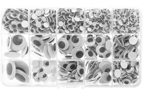 Variety Value Pack 1 Box Approx 1120 pcs 0.16 inches to 1 inch Round Plastic Self Adhesive Black Googly Wiggle Eyes Wide Assorted Sizes...