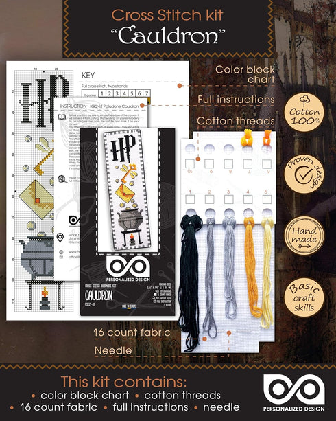 Counted Cross-Stitch Kit of Bookmark ‘Cauldron' - Harry Potter Hand Embroidery Kit with Pattern Design...