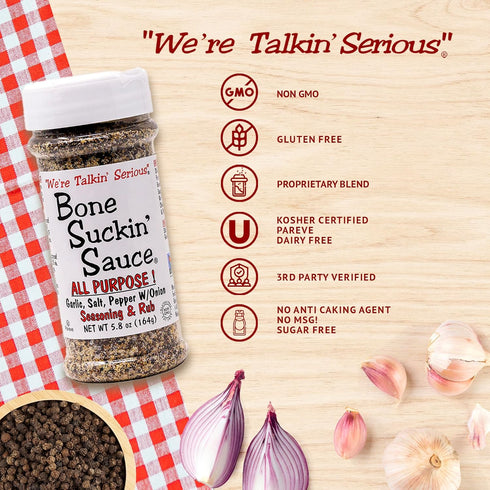 Bone Suckin' All Purpose Seasoning & Rub 5.8 oz, Zero Calorie, Sugar Free, Gluten Free, Non GMO, Kosher, Garlic, Salt, Pepper & Onion, For Pork, B...