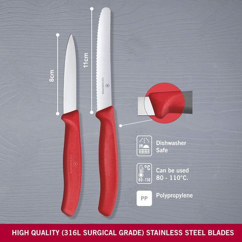 Victorinox Swiss Made Stainless Steel Kitchen Knife Set (2 Pcs) Straight Edge 8 cm and Wavy Edge 11cm Knives, Red, Kitchen Tools and Items | CB.6....