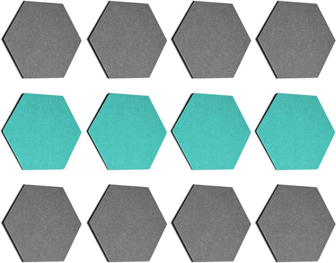 Navaris Hexagon Felt Board Tiles - Set of 12 Notice Memo Bulletin Boards with Push Pins and Double-Sided Tape 5.9" x 6.7" - Dark Gray, Turquoise...