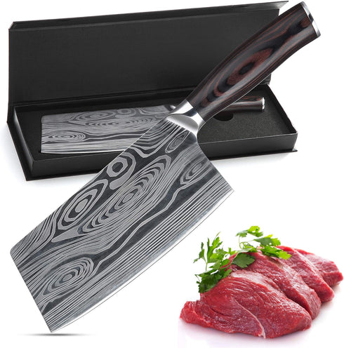 Meat Cleaver, 7" Chinese Chef’s Knife Vegetable Cleaver German High Carbon Stainless Steel Kitchen Knife With Ergonomic Handle for Cooking (Meat k...