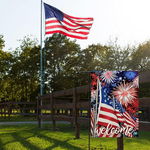 Welcome July 4th Fireworks American Patriotic Garden Flag, America Memorial Day Yard Decorative Red White Blue Star Stripes Home Outside Decoratio...