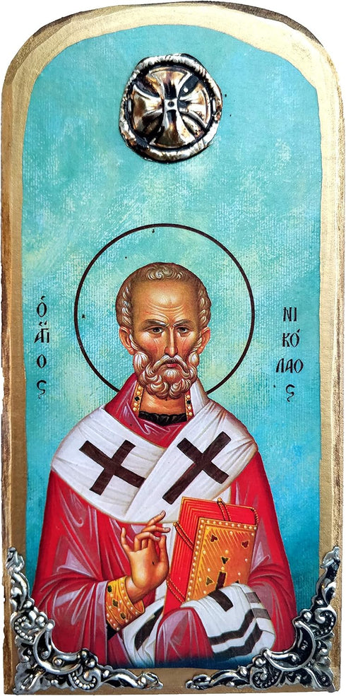Wooden Greek Christian Orthodox Wood Icon of Saint Nikolaos Nicolas / OP10...