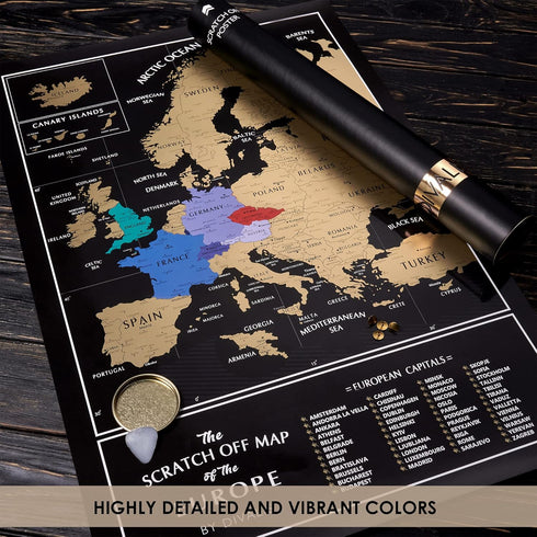 Scratch off Map of the Europe - Easy to Frame 24x16 European Travel Map Poster with Cities - Large Black and Gold Push Pin Travel Wall Maps - Scra...