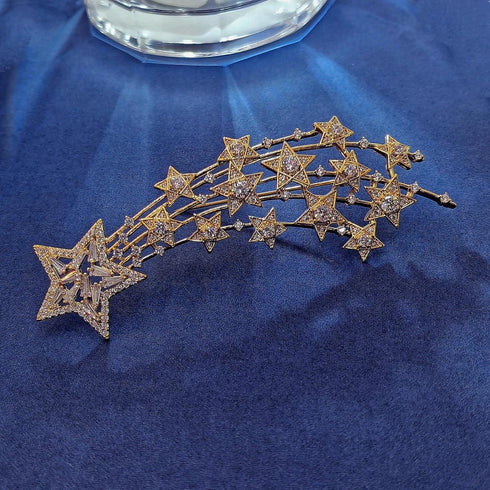 90’s Inspiration Gold Tone Cubic Zircon Shooting Star Brooch Pin Starburst Jewelry...
