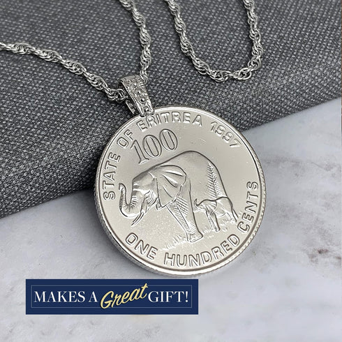 American Coin Treasures Lucky Elephant Coin Pendant | Mother and Baby Elephants | Silvertone 24 Inch Rope Chain | Certificate of Authenticity |...
