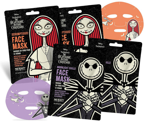 MAD Beauty Disney Tim Burton’s Nightmare Before Christmas Cosmetic Sheet Face Mask Collection (4-Pack) | Jack & Sally | Peach or Passionfruit Infu...