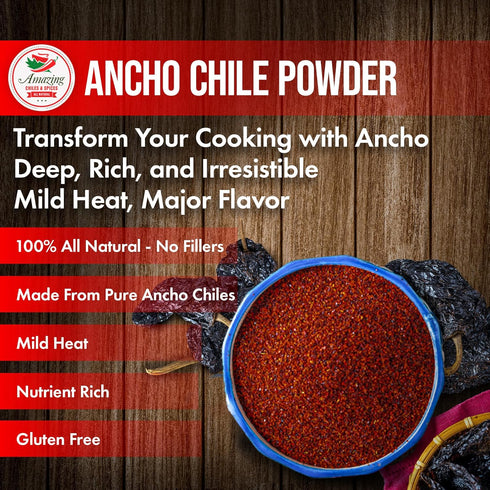 Ancho Chile Pepper Powder Ground (4oz) – Natural and Premium. Great For Recipes Like Mexican Mole, Sauces, Stews, Salsa, Meats, Enchiladas. Mild t...