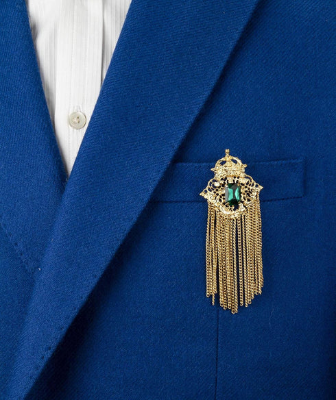 Knighthood Brooch Pin Crowned Green Stone with Abstract Work and Hanging Chain Lapel Pin Accessories for Men Women...