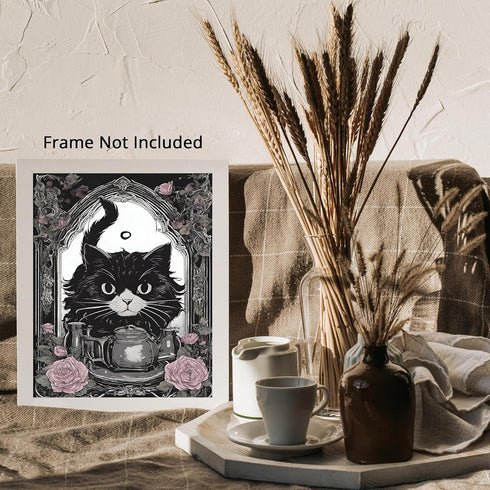 Posterizer 1 pcs- gothic themed rose frame and black cat-Gothic Art-Art for Animal Lovers- Living Room Bedroom Decor- unframed wall art...